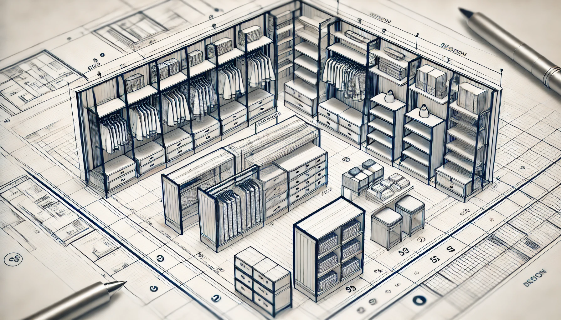 DALL·E 2024-07-15 02.54.29 - A detailed blueprint of a retail store furniture project. The blueprint should showcase custom display units and multiple cloth racks, with clear labe